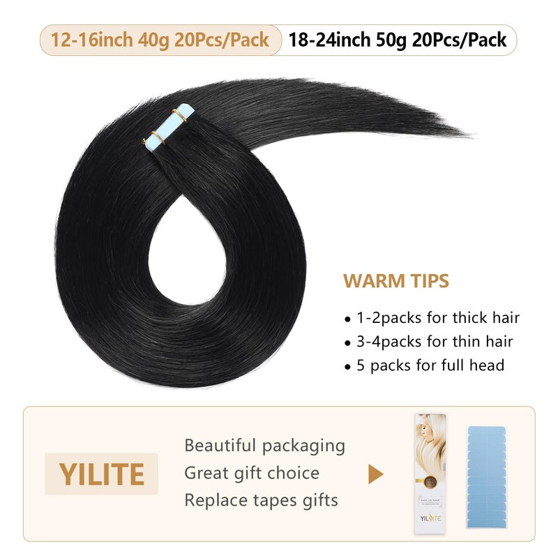 YILITE Tape in Human Hair Extensions 22 inches 20pcs 50g Silky Straight Human Hair Extensions Tape in Jet Black Color Hair Extensions - Image 4